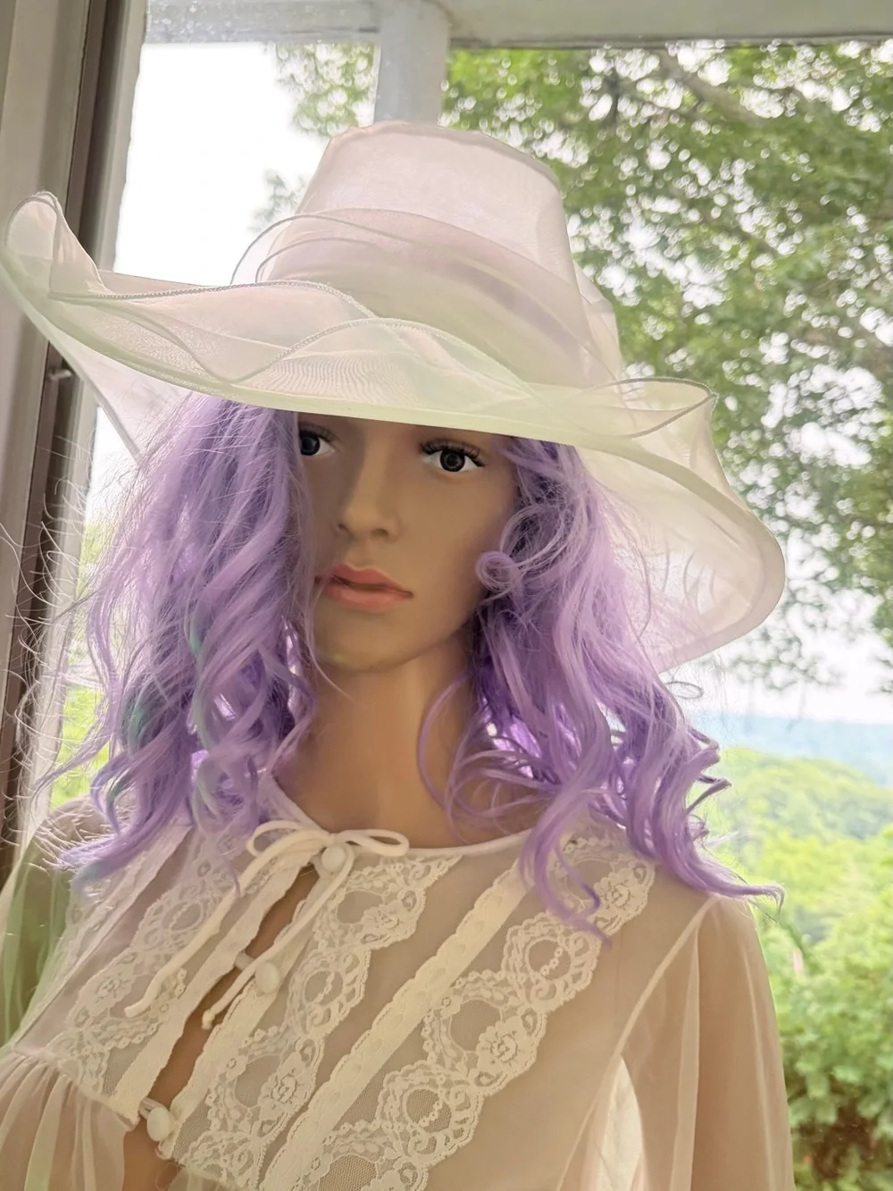 Source Unknown White Organza Wide-Brim Hat